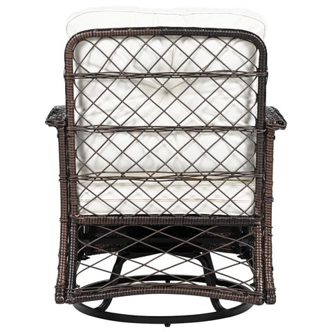 3-Piece Brown Rattan Outdoor Chat Set: 2 Swivel Rocker Chairs &amp; Glass Top Table for Garden Patio Balcony, Weather-Resistant Wicker Seating Group with Cushions