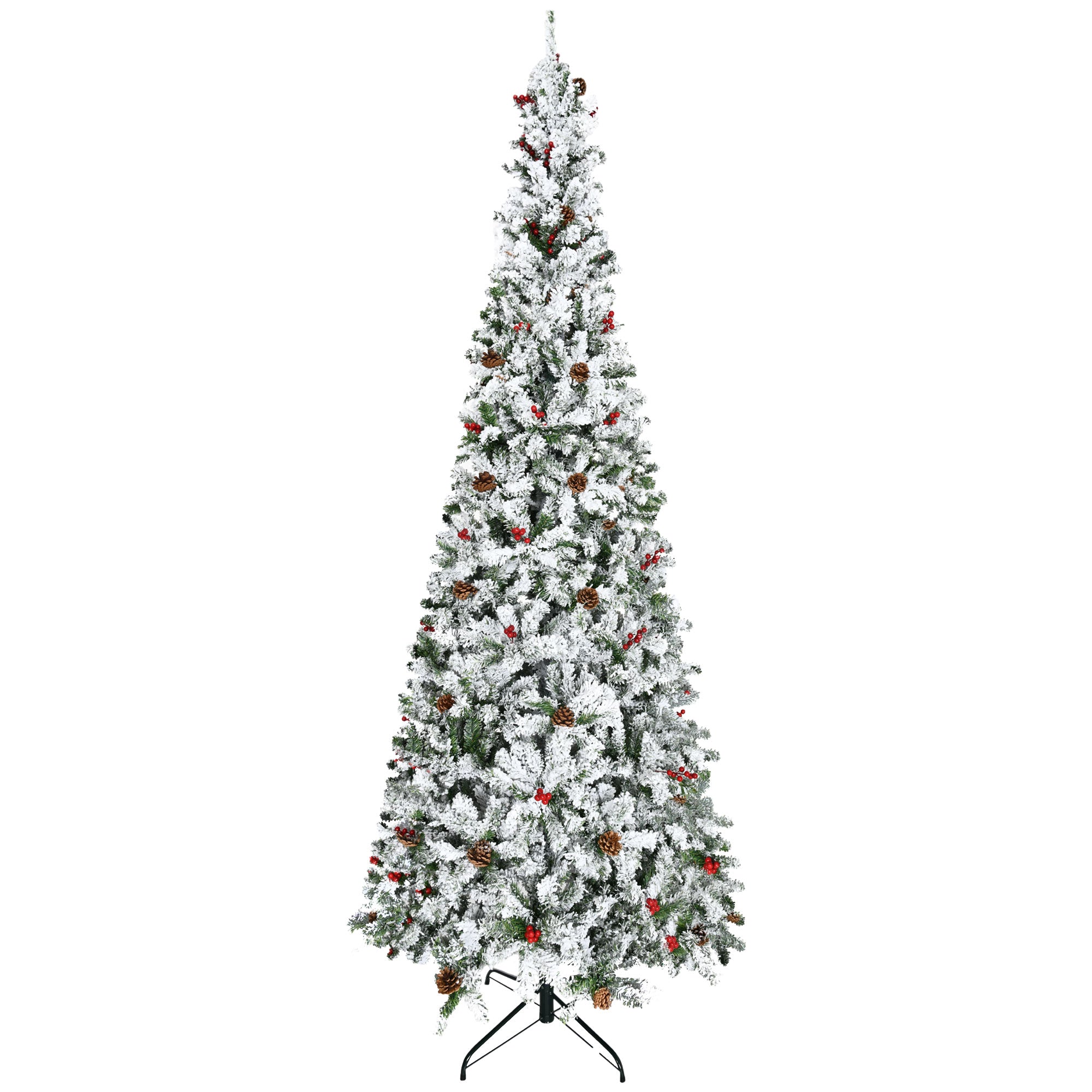 HOMCOM 9ft Pencil Snow Flocked Christmas Tree: Realistic Pine Branches, Pine Cones &amp; Red Berries, Auto-Open, Flame Retardant, Green Plastic for Festive Home Decor