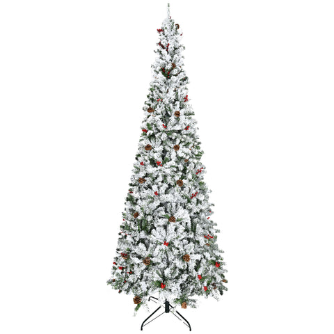 HOMCOM 9ft Pencil Snow Flocked Christmas Tree: Realistic Pine Branches, Pine Cones &amp; Red Berries, Auto-Open, Flame Retardant, Green Plastic for Festive Home Decor