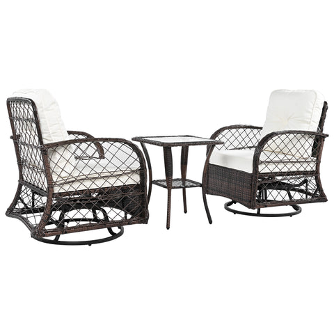 3-Piece Brown Rattan Outdoor Chat Set: 2 Swivel Rocker Chairs &amp; Glass Top Table for Garden Patio Balcony, Weather-Resistant Wicker Seating Group with Cushions