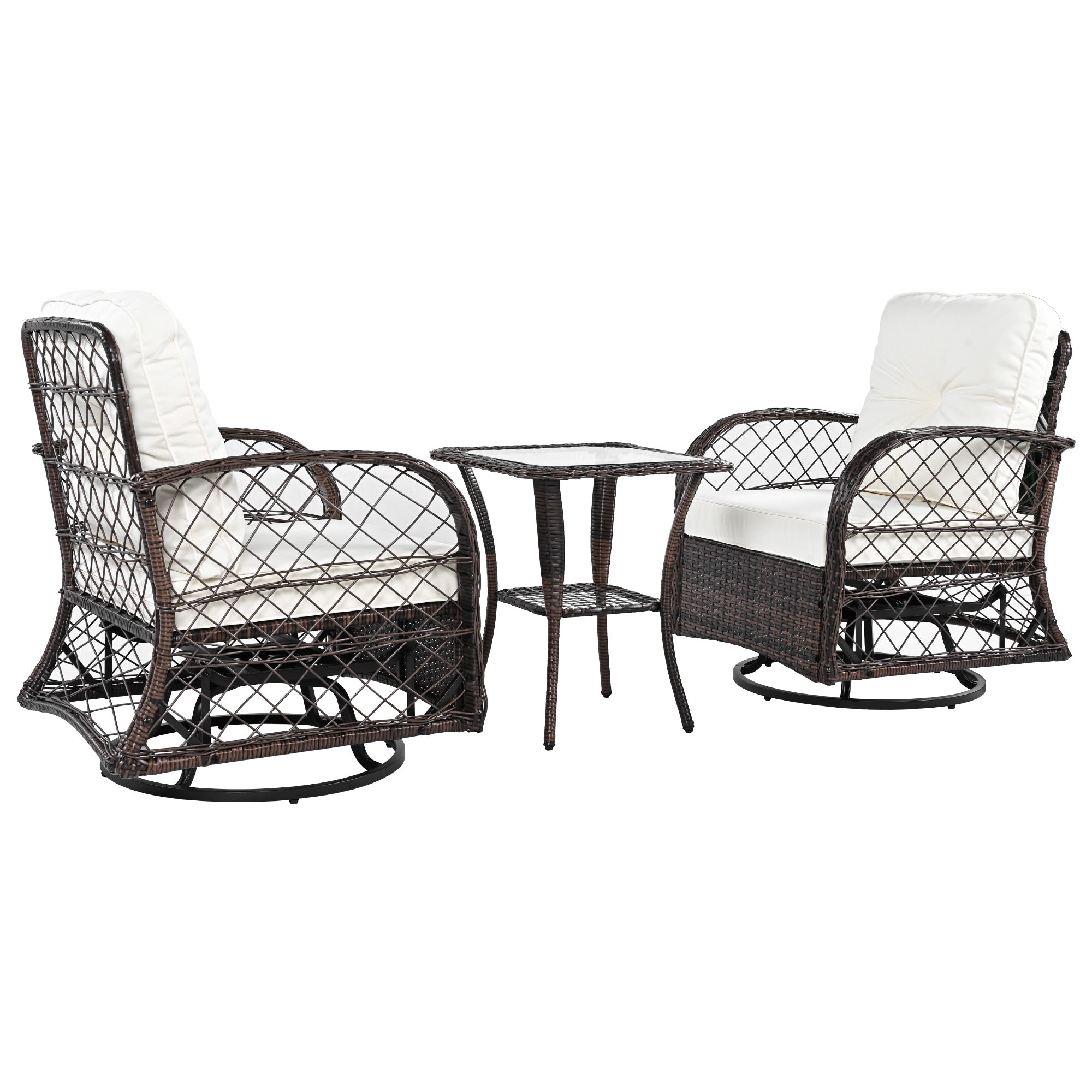 3-Piece Brown Rattan Outdoor Chat Set: 2 Swivel Rocker Chairs &amp; Glass Top Table for Garden Patio Balcony, Weather-Resistant Wicker Seating Group with Cushions