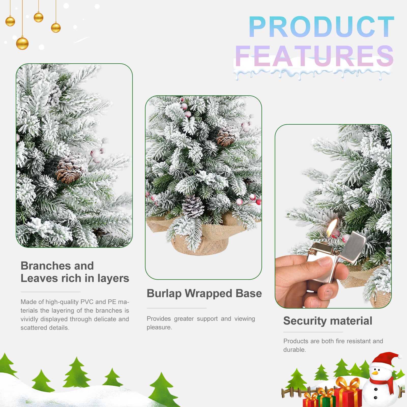 3FT Flocked Snow Christmas Tree | 355 PE/PVC Tips, Pine Cones &amp; Berries | Rustic Burlap Cement Base | Small Decorative Holiday Tree for Tabletop, Desk, Home &amp; Office Decor