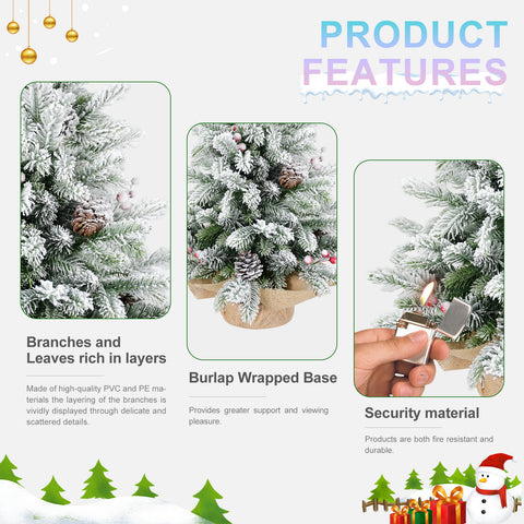3FT Flocked Snow Christmas Tree | 355 PE/PVC Tips, Pine Cones &amp; Berries | Rustic Burlap Cement Base | Small Decorative Holiday Tree for Tabletop, Desk, Home &amp; Office Decor
