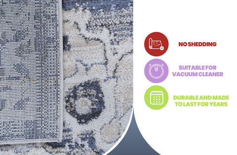 PAYAS Collection 6x9 Cream & Blue Medallion Area Rug - Stain Resistant, Non-Shedding Polyester for Living Room, Bedroom, Home Office. Durable, Easy Care, Medium Pile (0.28"). Turkish Made.