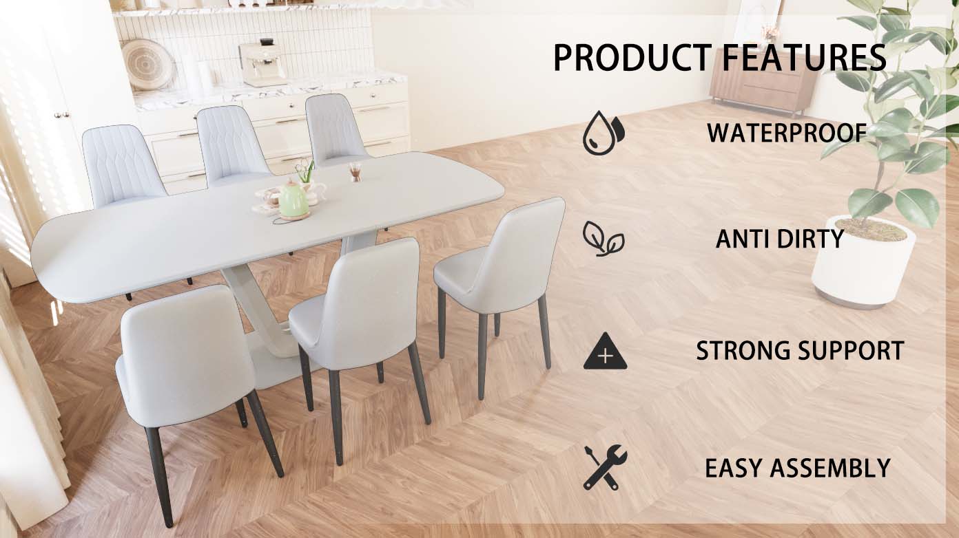 Expandable 62.99"-78.74" Dining Table Set for 2-8, Gray MDF &amp; PU Fabric, 6 Padded Chairs with U-Legs for Kitchen, Dining Room, Living Room, Modern Farmhouse Style