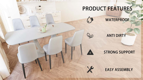 Expandable 62.99"-78.74" Dining Table Set for 2-8, Gray MDF &amp; PU Fabric, 6 Padded Chairs with U-Legs for Kitchen, Dining Room, Living Room, Modern Farmhouse Style