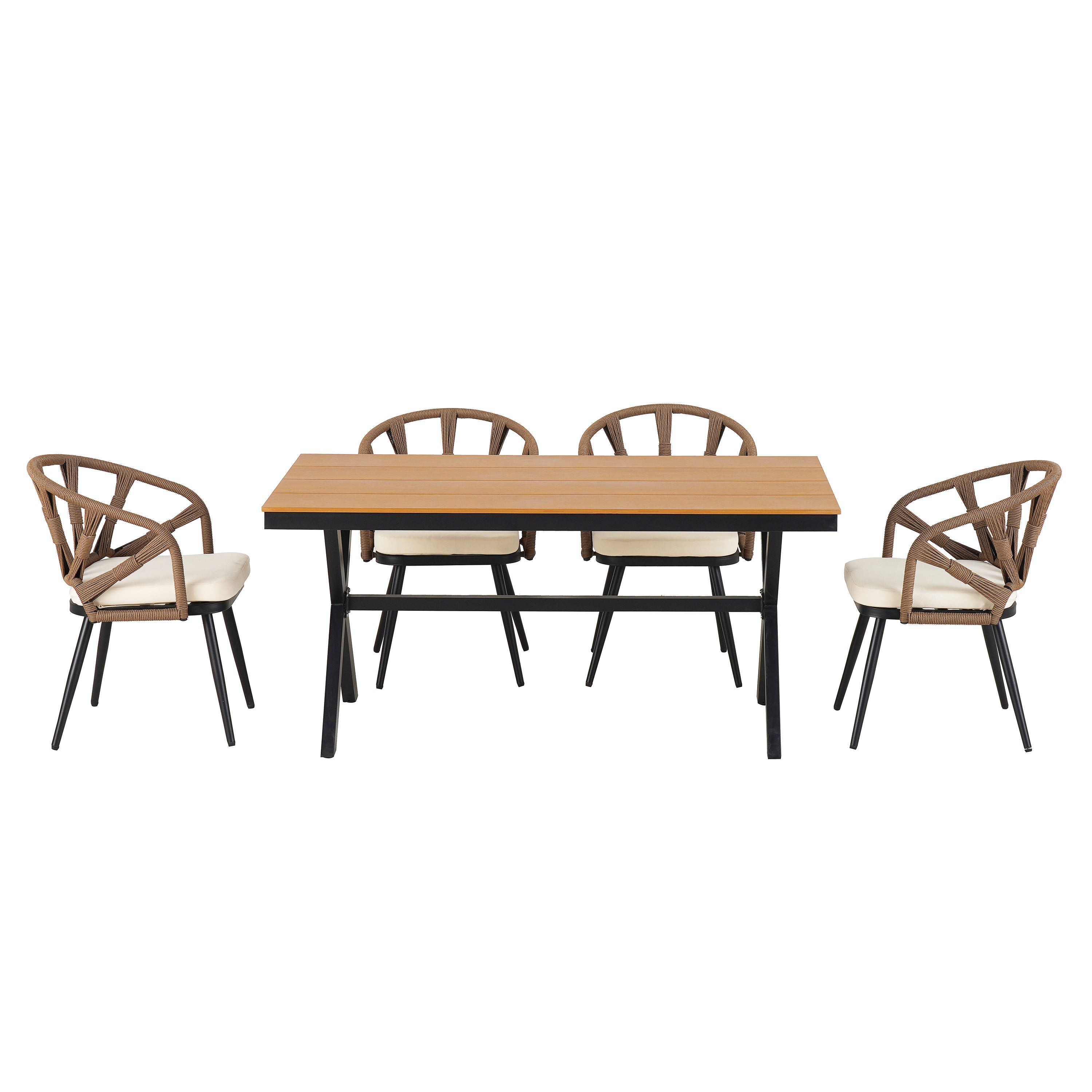 U_Style 4-Seater Brown PE Rattan Outdoor Dining Set: Modern Plastic Wood Table & Linear Chairs for Garden, Patio, Lawn - Weather-Resistant & Durable, Residential Use