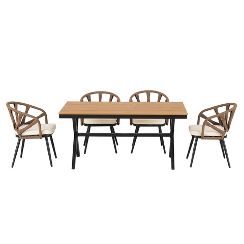 U_Style 4-Seater Brown PE Rattan Outdoor Dining Set: Modern Plastic Wood Table & Linear Chairs for Garden, Patio, Lawn - Weather-Resistant & Durable, Residential Use