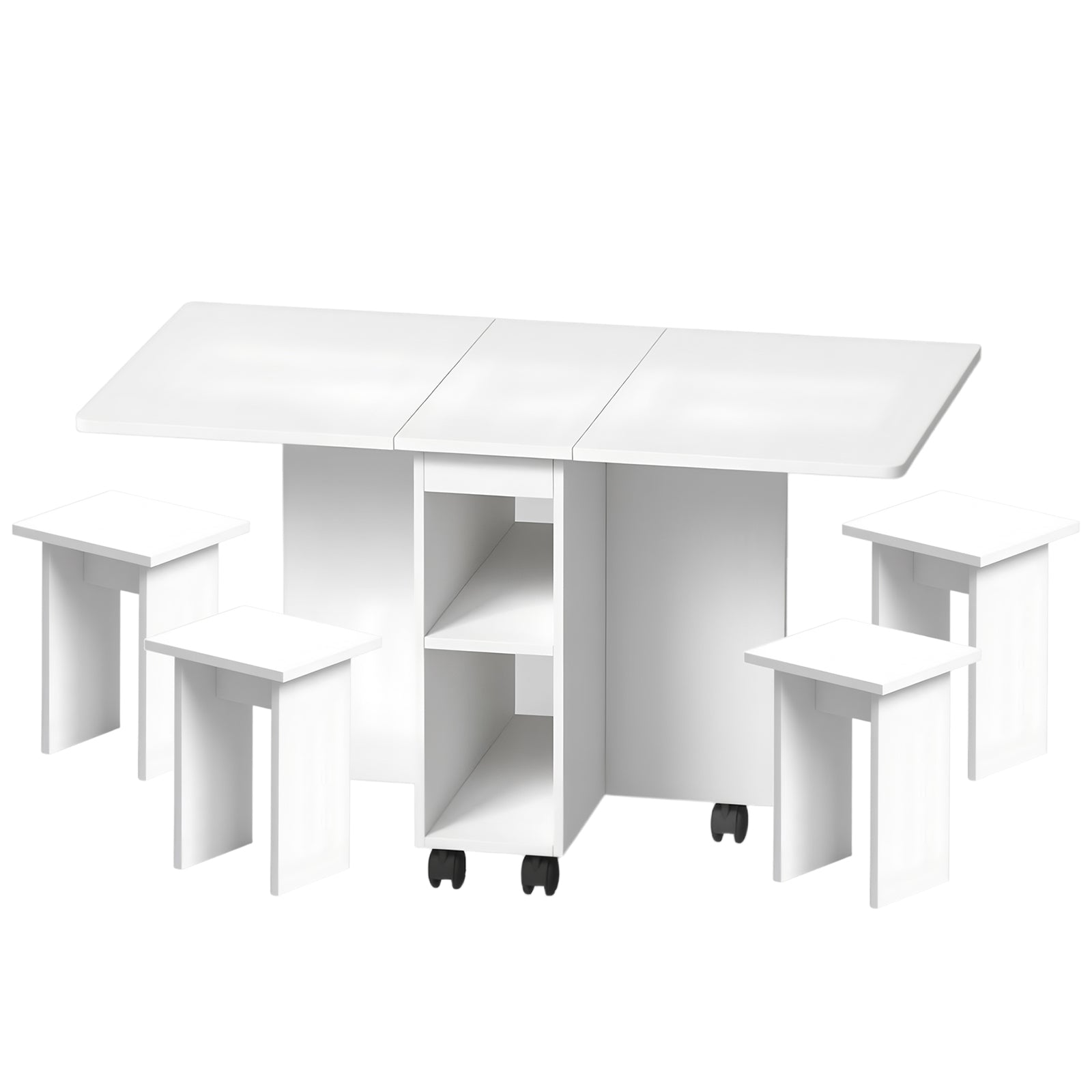 Space-Saving Folding Drop Leaf Dining Table Set for 4 with 4 Chairs, White MDF, 6 Wheels, Versatile for Kitchens & Small Spaces, Easy Clean & Assemble, 47.2"W