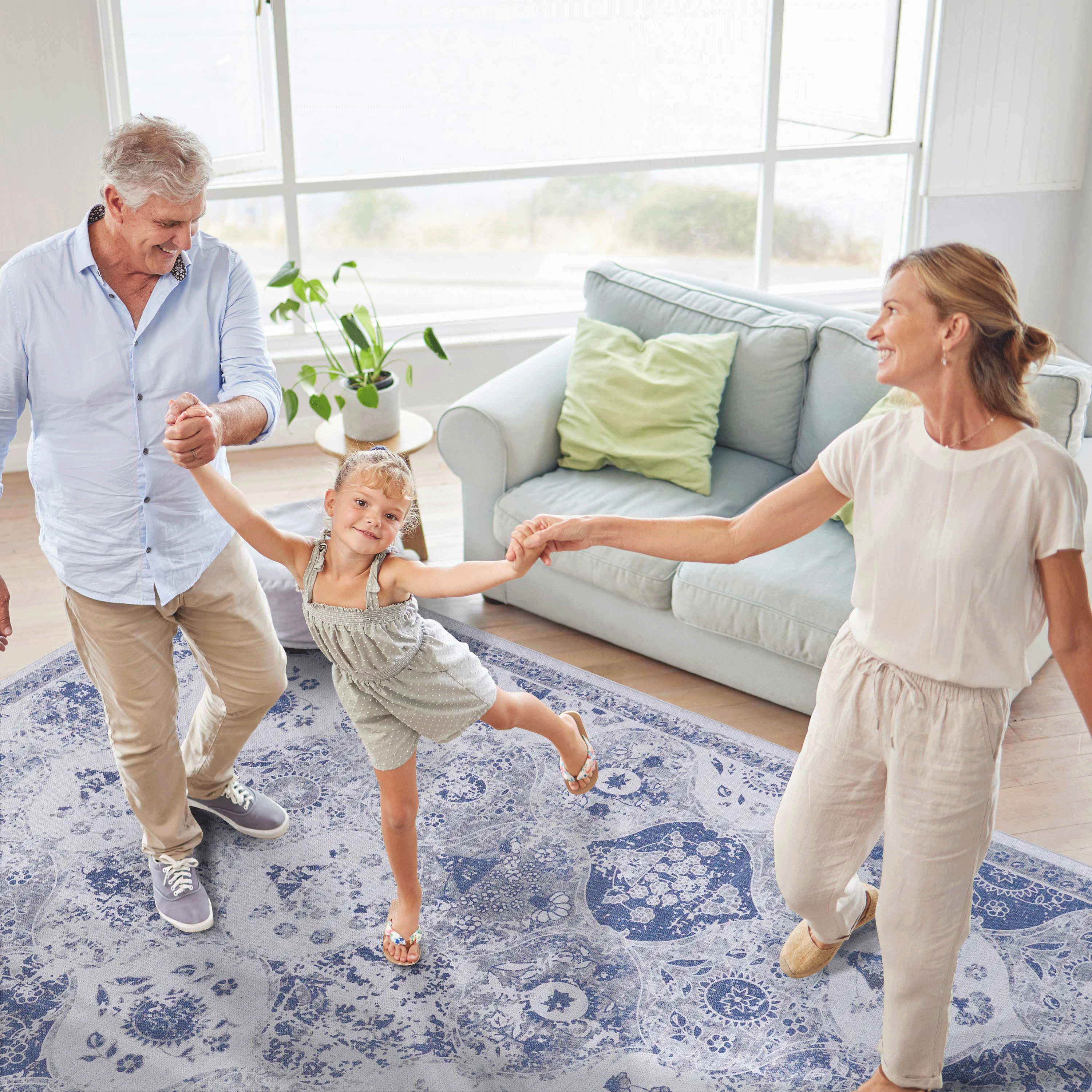 MAVAL Blue Washable Area Rug 9x12 - Super Soft Chenille Polyester, Stain-Resistant, Non-Slip Backing, Low Pile for Living Room, Bedroom, Dining Room, Kitchen, Turkey