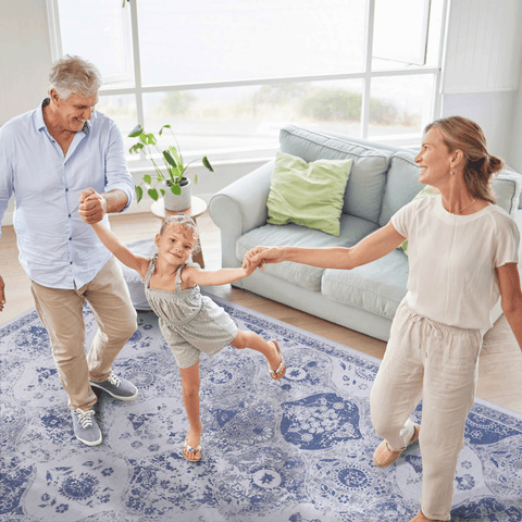 MAVAL Blue Washable Area Rug 4x6 - Soft, Non-Slip, Stain-Resistant Chenille Rug for Living Room, Bedroom, Dining Room, Hallway - Easy Clean, Low Pile, Turkish Made