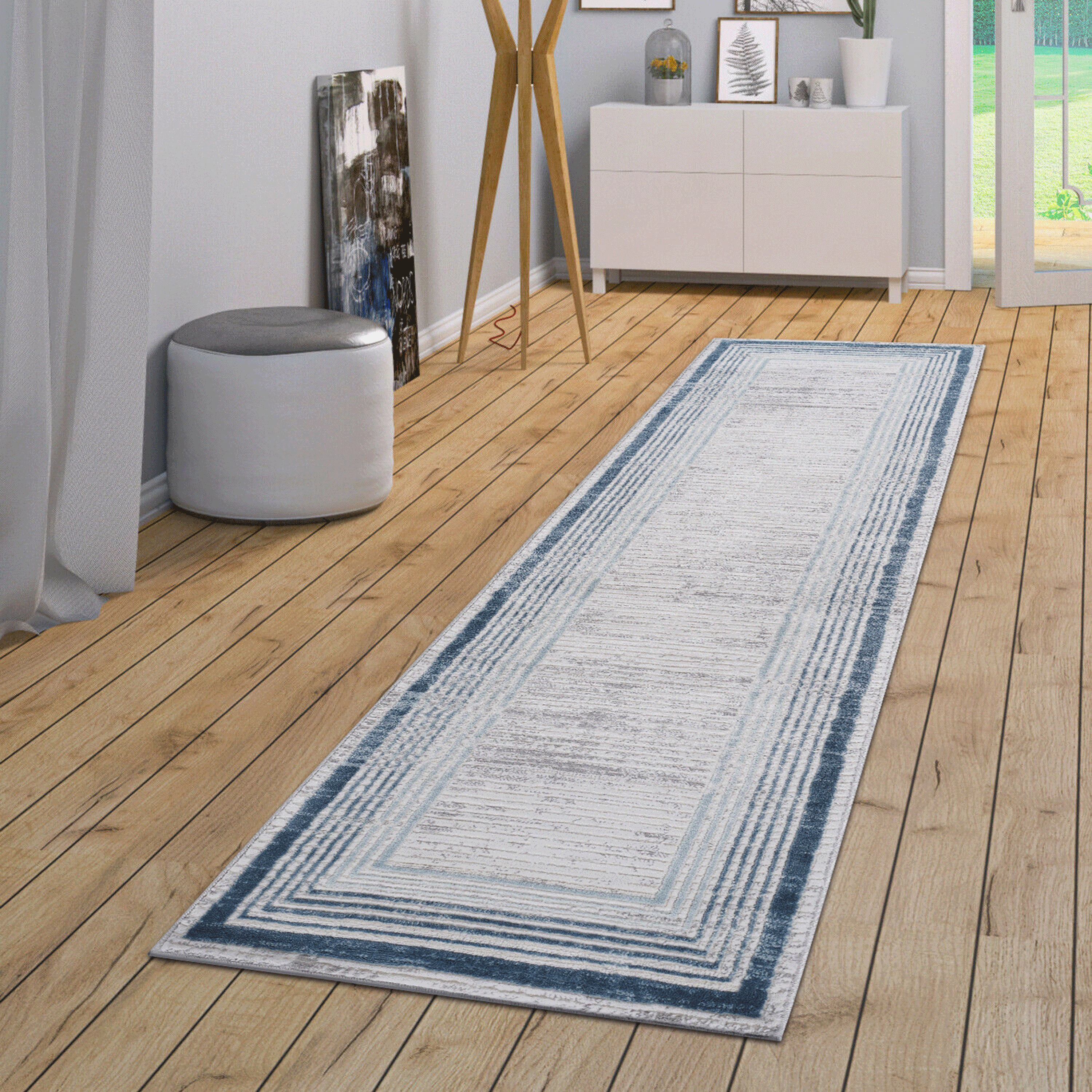 MARFI Collection 2'x8' Runner Rug | Blue/Ivory Bordered | Stain Resistant Polyester | Medium Pile | Kid & Pet-Friendly | Turkish Made | Entryway, Hallway, Living Room