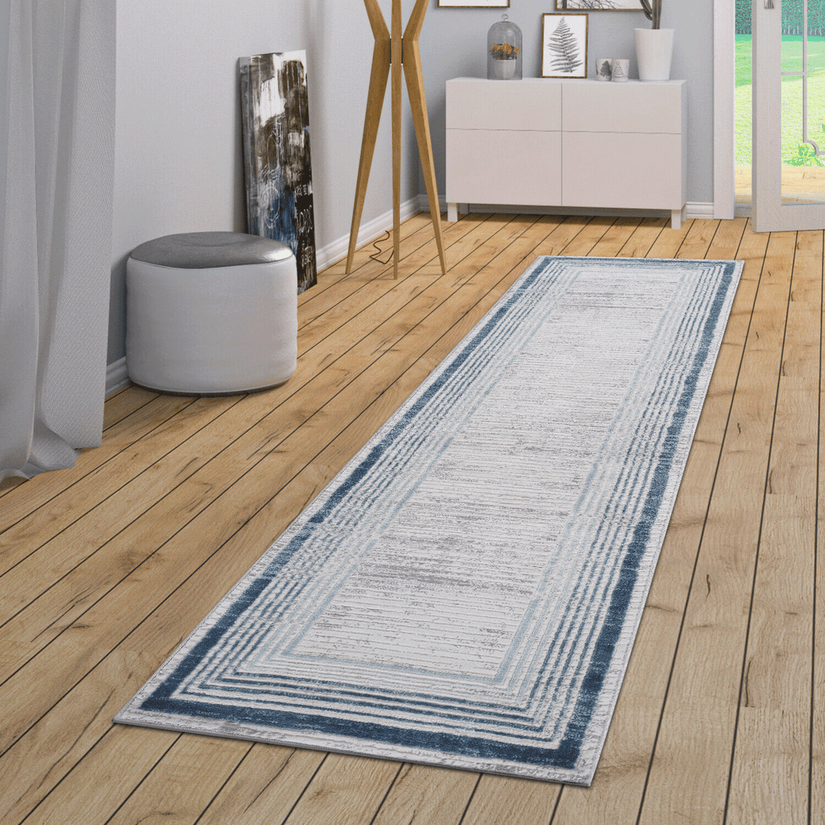 MARFI Collection 2'x8' Runner Rug | Blue/Ivory Bordered | Stain Resistant Polyester | Medium Pile | Kid & Pet-Friendly | Turkish Made | Entryway, Hallway, Living Room