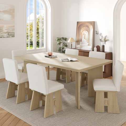 TOPMAX 7-Piece Solid Rubberwood Dining Set: 63.4" Natural Table &amp; 6 Upholstered Beige Chairs for Dining Rooms, Space-Saving Tuck-Away Design, Seats 6, Modern Farmhouse Style