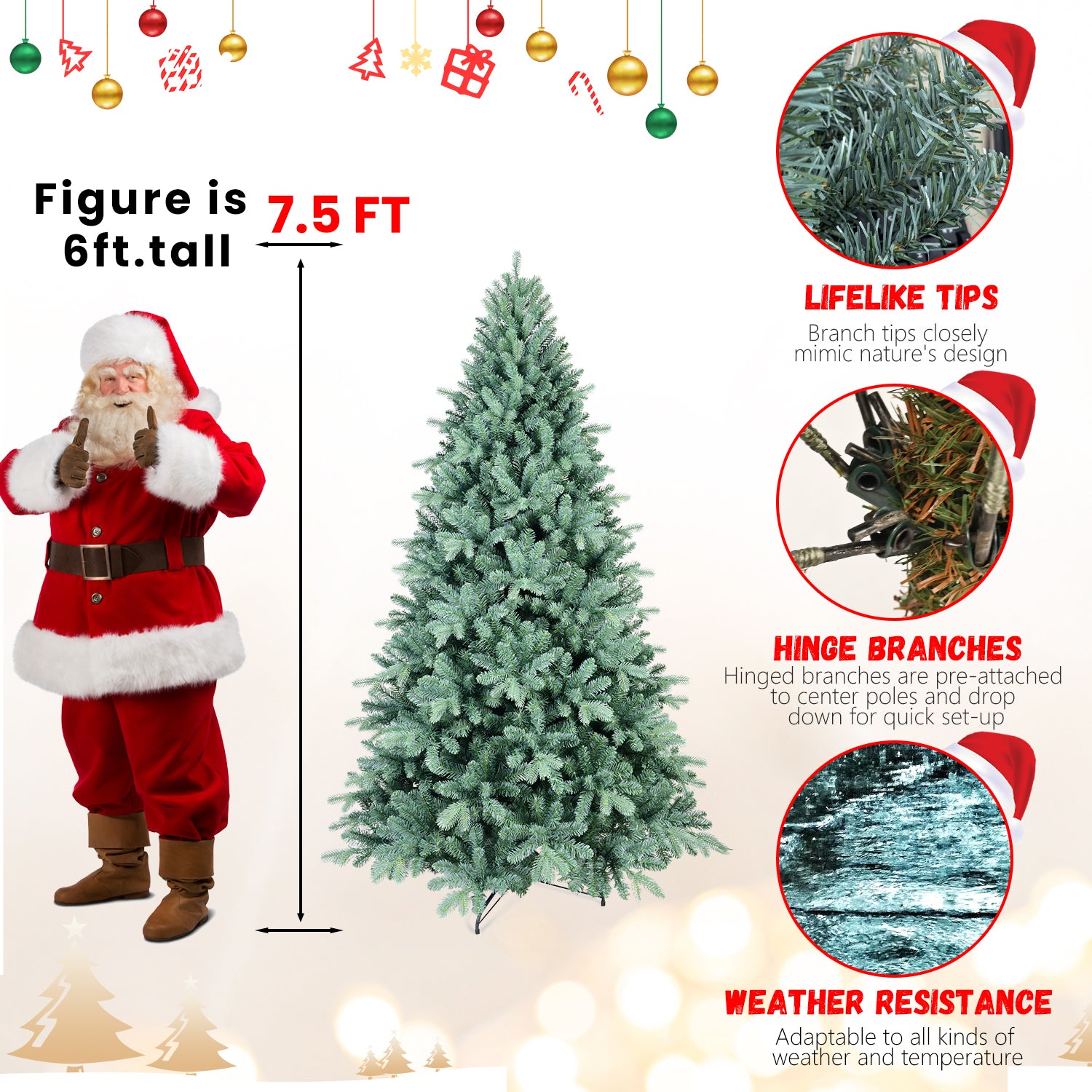 8FT Blue-Green Tint PE/PVC Christmas Tree | 2458 Dense Tips, Hinged Branches, Full Realistic Look | Stable Metal Stand, Easy Assembly | Stylish Holiday Decor for Home &amp; Office