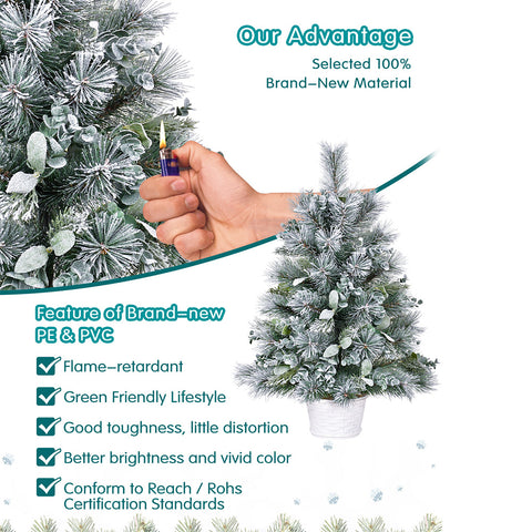 2ft White & Green Tabletop Christmas Tree: 68 Tips, Eucalyptus & Pine Accents, Lightly Flocked PVC with Stable Cement Base - Perfect for Desks, Mantels & Holiday Decor