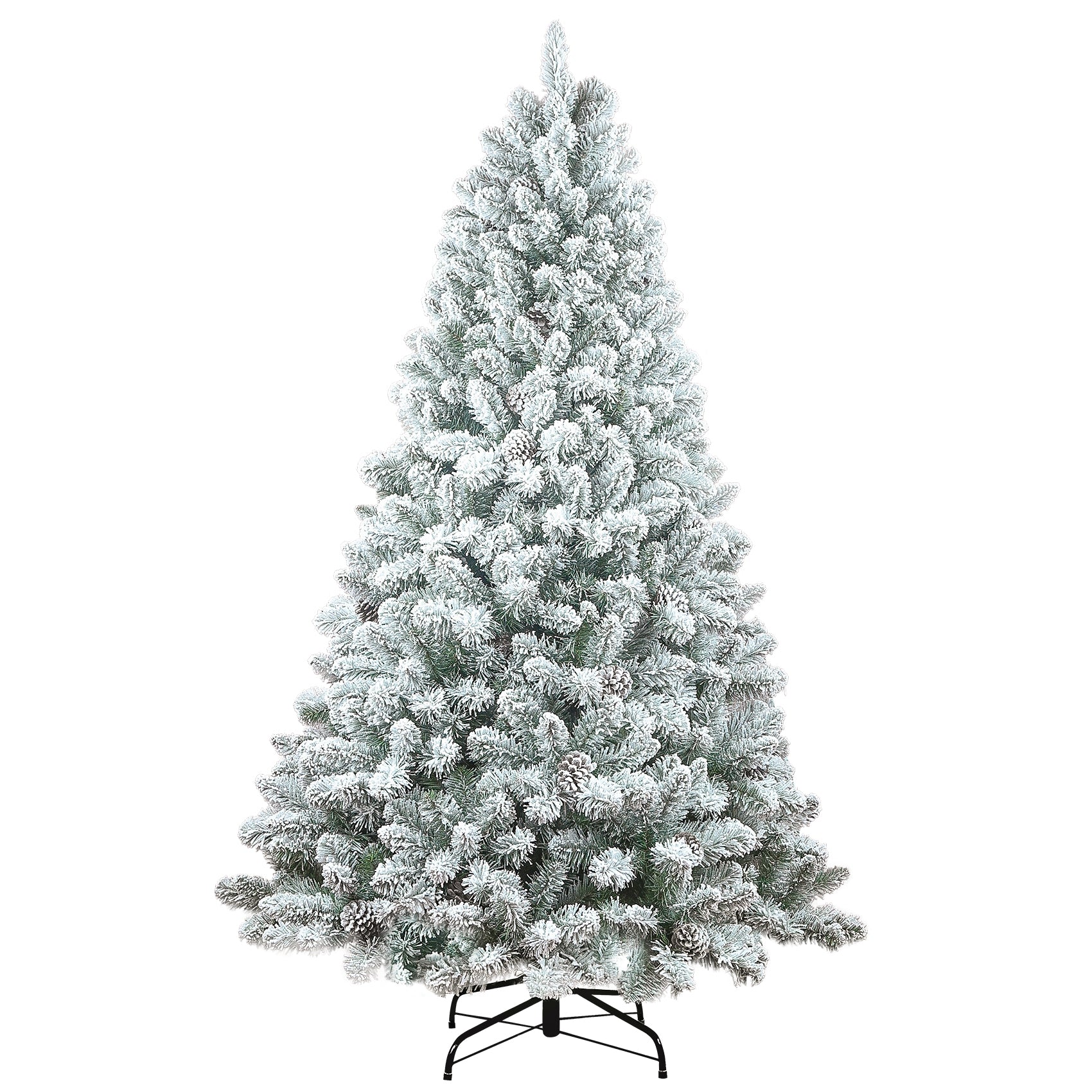 5FT Snowy Flocked Christmas Tree with Pine Cones: Full Shape PVC Artificial Holiday Tree, 600 Tips, 27 Natural Pinecones, Sturdy Metal Stand, Green &amp; White for Indoor Seasonal Decoration