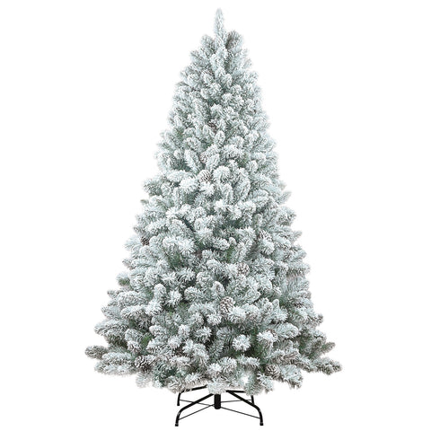 5FT Snowy Flocked Christmas Tree with Pine Cones: Full Shape PVC Artificial Holiday Tree, 600 Tips, 27 Natural Pinecones, Sturdy Metal Stand, Green &amp; White for Indoor Seasonal Decoration