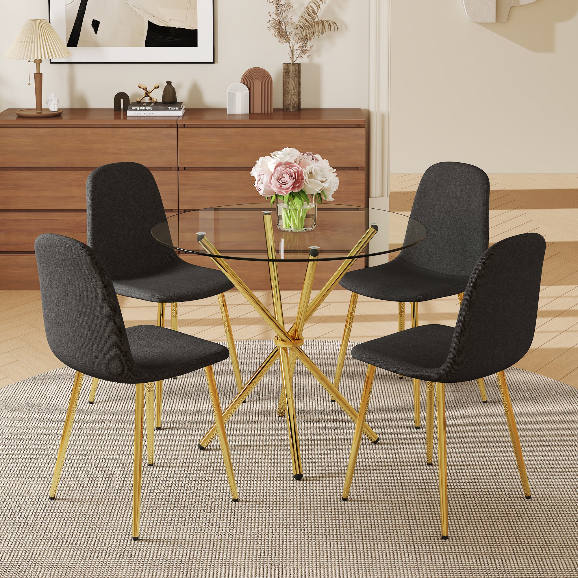 4-Piece Modern Luxe Dining Set: 36.6'' Round Tempered Glass Table & Black Linen-Cotton Chairs with Gold Metal Legs - Chic Seating for Kitchen, Living Room, Home Office | Seats 4