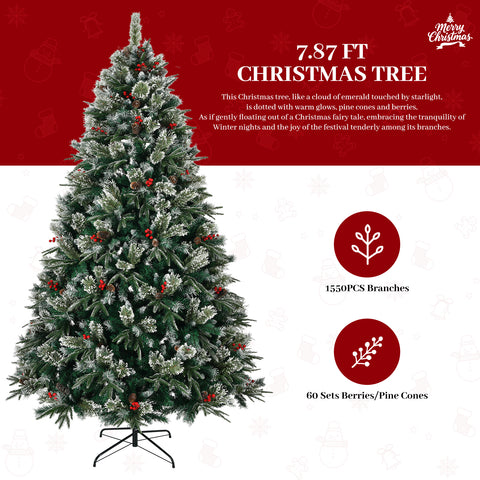 8ft Snow Frosted Artificial Christmas Tree: 1550 PE/PVC Tips, Pre-Decorated w/ Pinecones &amp; Berries, Hinged Branches, Metal Stand, Easy Assembly for Home &amp; Office Holiday Decor