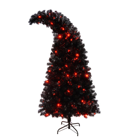 6ft Black Artificial Christmas Tree with LED Lights: Whimsical Hat-Shaped, 900 PET Tips, 250 Orange/Purple Lights, Hinged Branches, Metal Stand for Indoor Holiday Decor