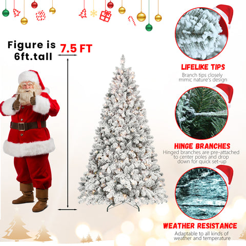 7FT Snow-Flocked Christmas Tree with 500 UL Lights & 45 Pine Cones | Hinged PVC Branches, Stable Metal Stand | Realistic Snowy Winter Wonderland Decor for Indoor Holiday Home & Party