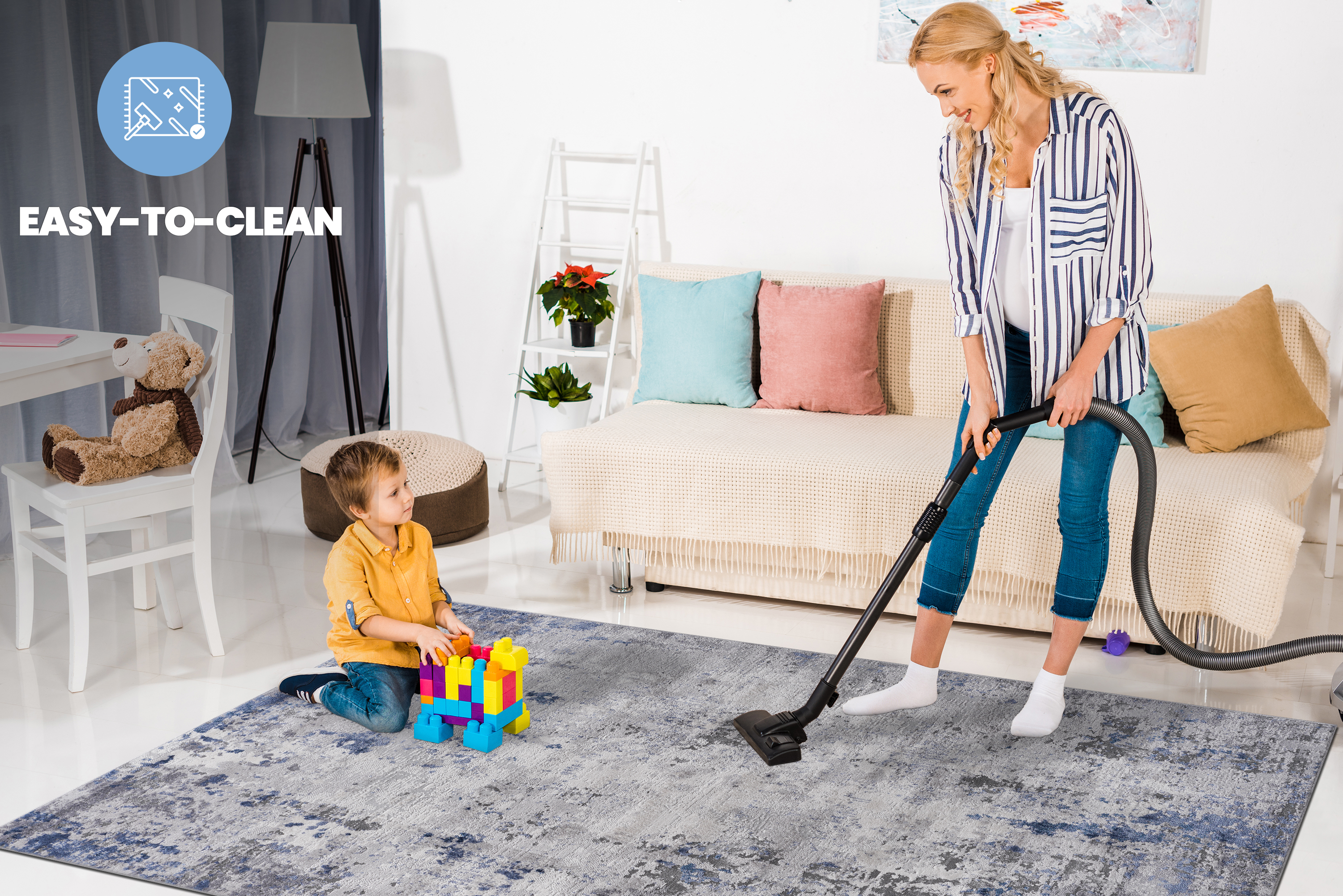 MARFI Collection 2'x8' Runner Rug - Stain-Resistant Polyester, Medium Pile, Silver/Blue Abstract Design - Kid & Pet Friendly, Durable for Entryway, Hallway, Living Room, Kitchen