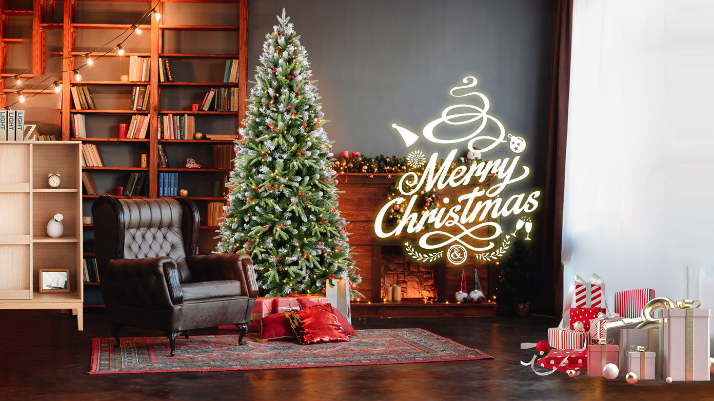 7.5FT Snow-Tipped Christmas Tree: 500 Warm White LEDs, 2514 PE+PVC Branches with Berries &amp; Pine Cones. Hinged, Metal Stand for Festive Holiday Home Decor