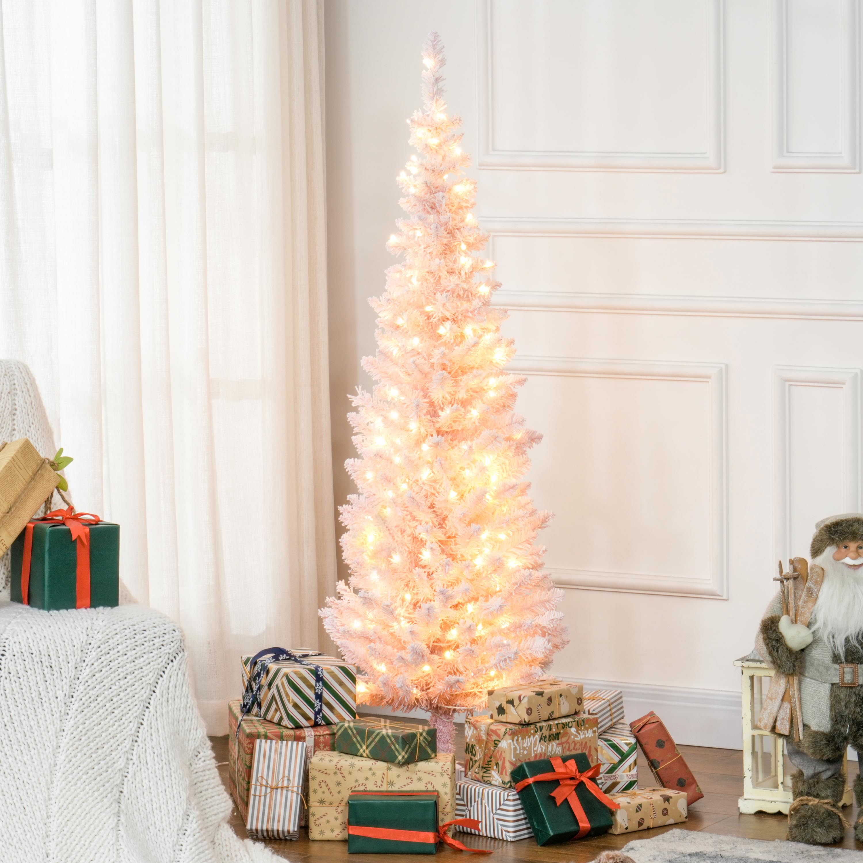 HOMCOM 5' Pink Pre-Lit Slim Noble Fir Artificial Christmas Tree - Snow-Flocked, 160 Warm White LEDs, 294 Tips, Flame-Retardant Plastic - Perfect for Indoor Holiday Decor