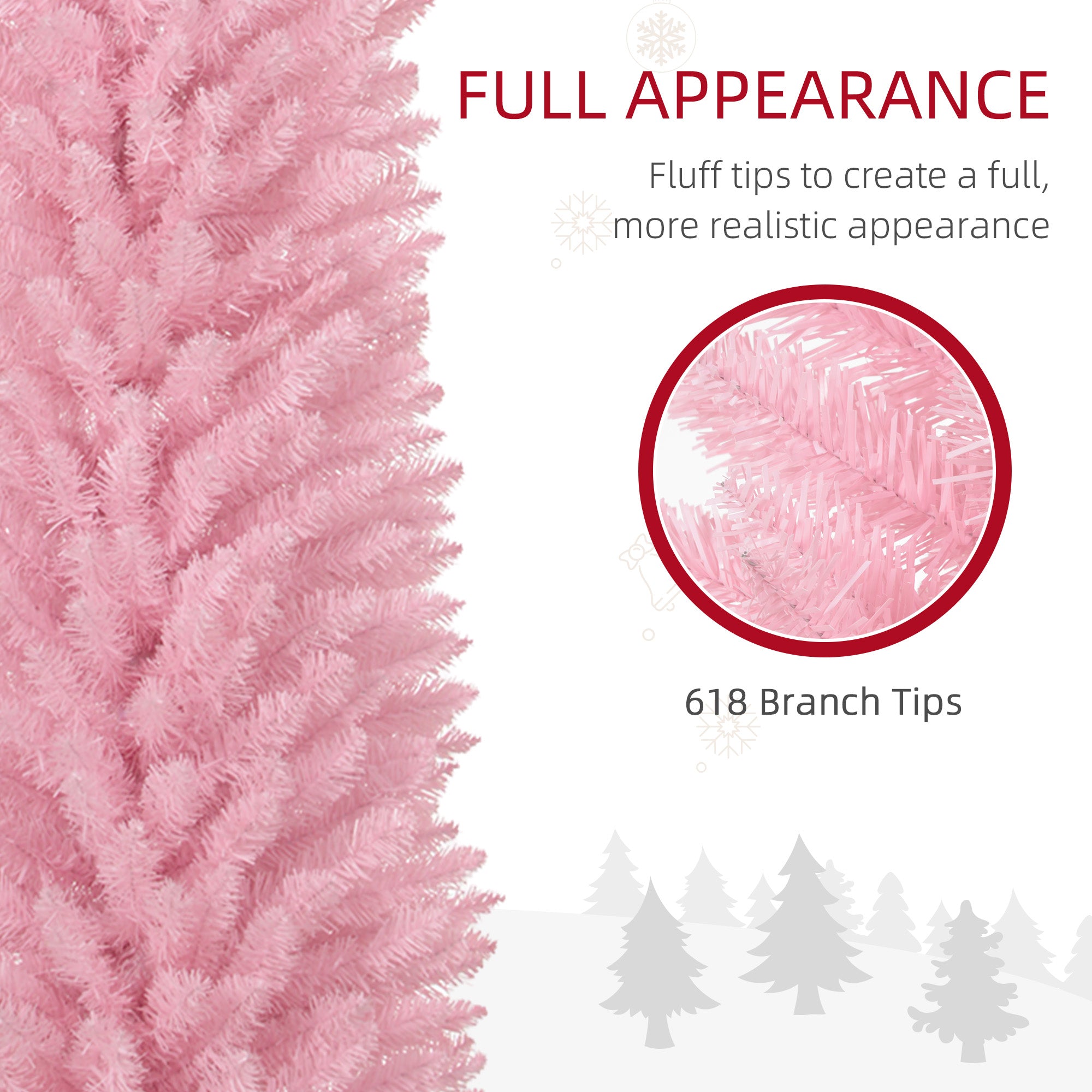 HOMCOM 8ft Pink Artificial Pencil Christmas Tree | Slim Xmas Tree with 618 Realistic Branch Tips & Plastic Stand | Flame Retardant for Home Decor