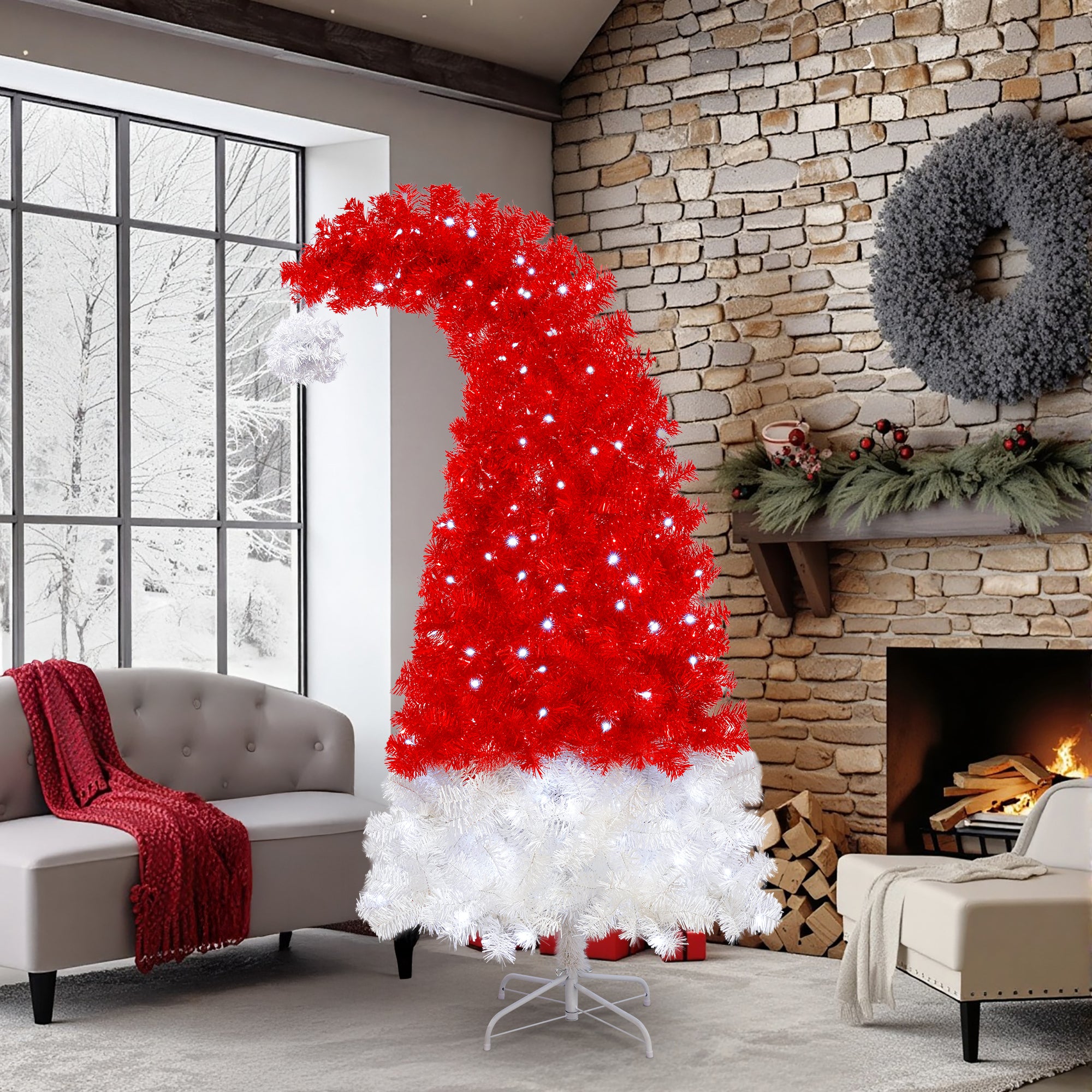 6FT Whimsical Santa Hat Christmas Tree | 1050 PET Tips | Pre-Lit 300 Cold White LEDs | Red & White | Indoor Holiday Decor