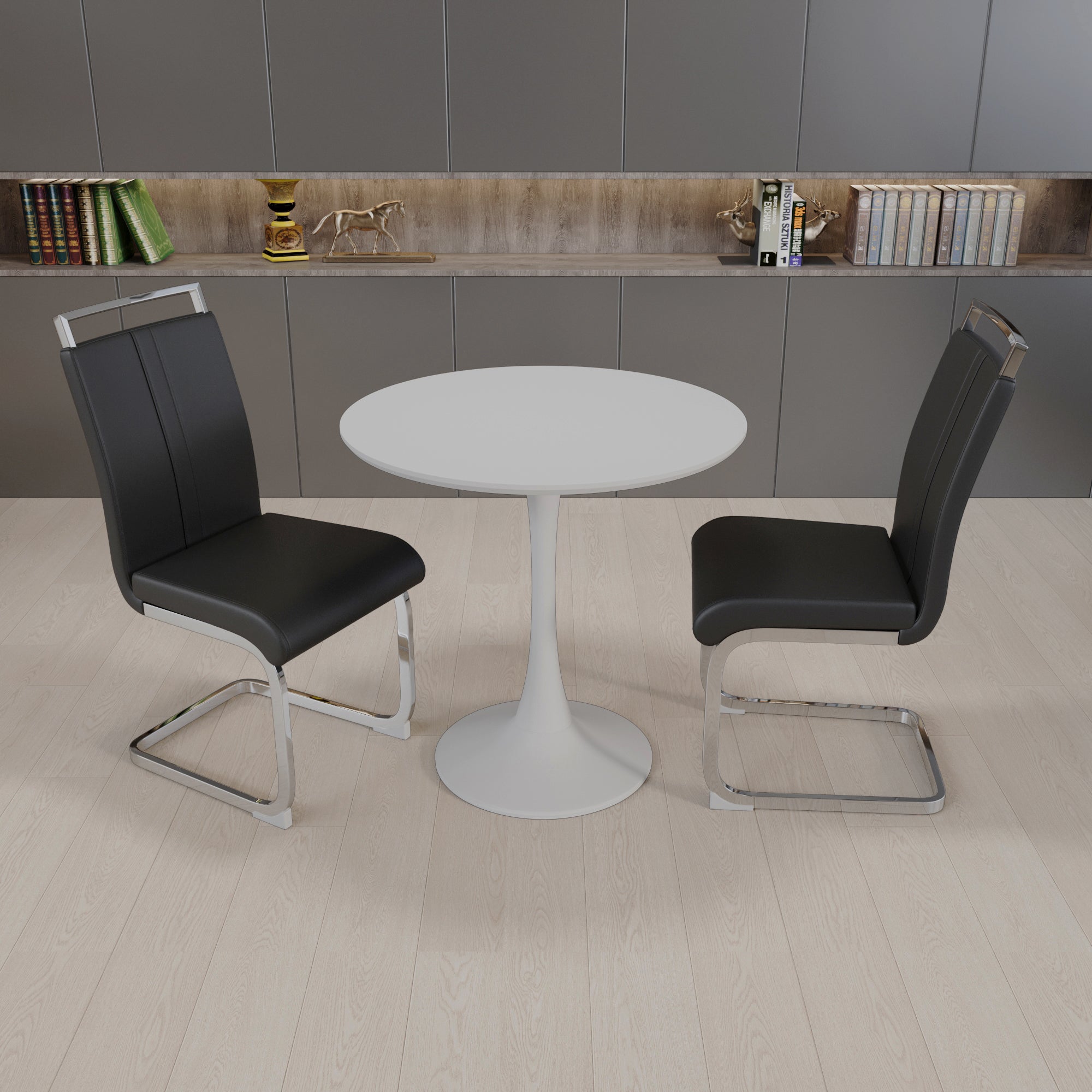 31.5" White Tulip Round Dining Table Set for 2-4, MDF Top & Base with 2 Black PU Leather Metal Leg Chairs - Modern Kitchen & Small Space Furniture