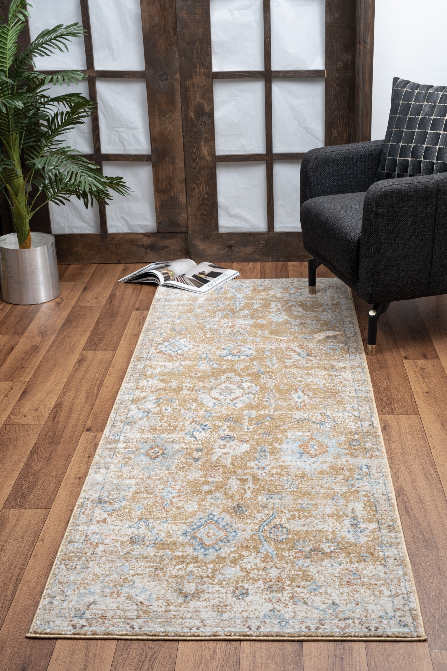 Noble GC_GEN7008 Gold 5'3" x 7'3" Area Rug - 100% Polyester, Stain-Resistant, Kid & Pet Friendly, Soft Traditional Design, 0.31" Pile Height, Made in Turkey