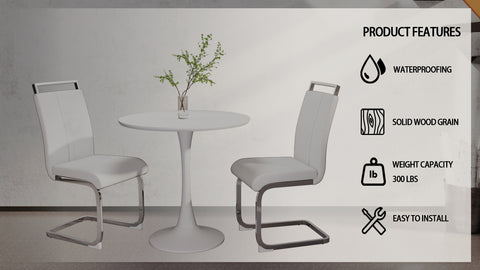31.5" White Round Tulip Dining Table Set for 2-4 People, MDF Top & Base with 2 White PU Leather Metal Leg Chairs, Modern Kitchen & Small Space Furniture