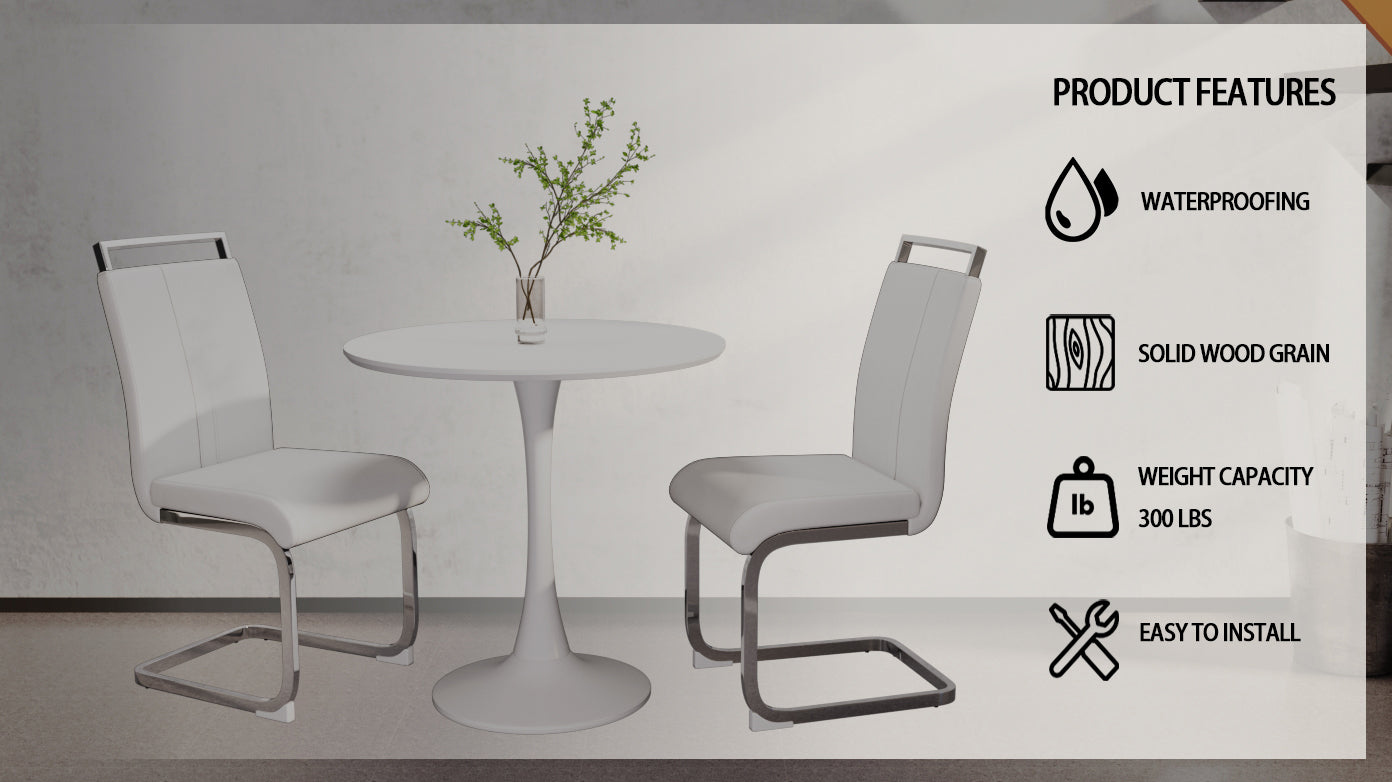 31.5" White Round Tulip Dining Table Set for 2-4 People, MDF Top & Base with 2 White PU Leather Metal Leg Chairs, Modern Kitchen & Small Space Furniture