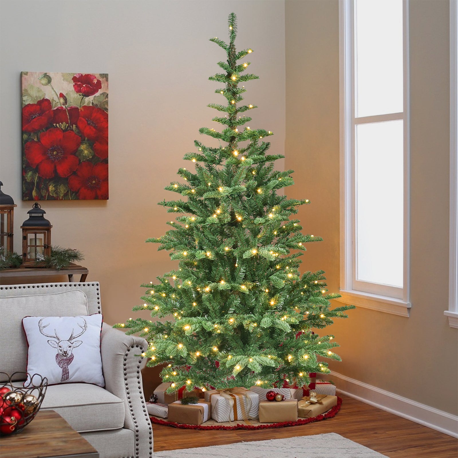 6ft Pre-Lit Artificial Christmas Tree | 611 PE+PVC Tips, 300 Warm White LEDs | Rustic Wooden Base | Realistic Layered Green Holiday Decor for Home