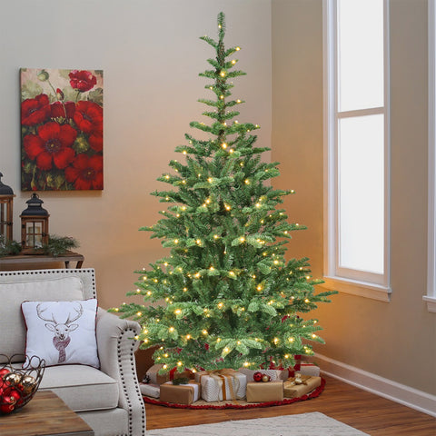 8ft Pre-Lit Artificial Christmas Tree | 1307 PE+PVC Tips, 500 Warm White LEDs | Rustic Wooden Base, Realistic Layered Green Holiday Decor for Home &amp; Indoor Use