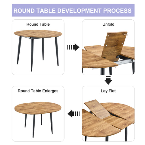 Modern Extendable Round Wood MDF Dining Table Set with 4 PU Cushioned Armless Chairs, Wood Brown, Seats 4, Perfect for Kitchen &amp; Dining Room Gatherings