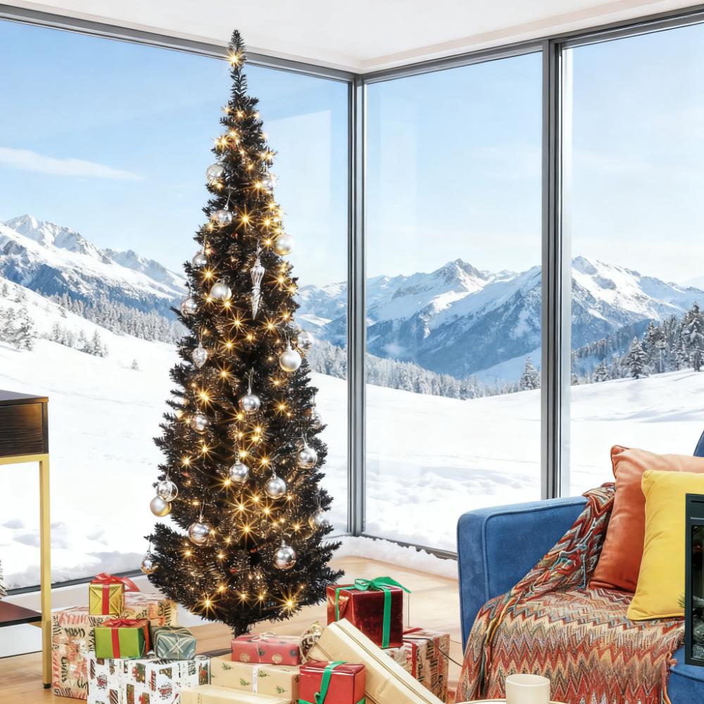 Black 6FT Pencil Christmas Tree with Warm White LED Lights, Slim Artificial Xmas Tree for Small Spaces, Flame Retardant, Easy Setup, Realistic &amp; Lush, Home Decor