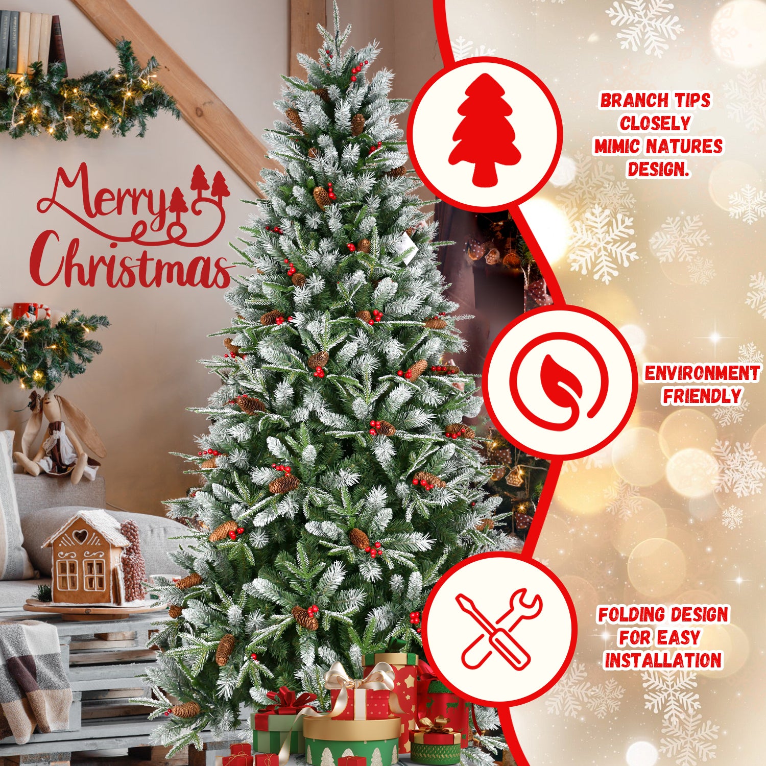 7FT Snow-Dusted Christmas Tree: 2178 Tips, Red Berries & Pine Cones, Hinged PE+PVC Branches, Sturdy Metal Stand - Full, Natural Holiday Decor for Home & Office