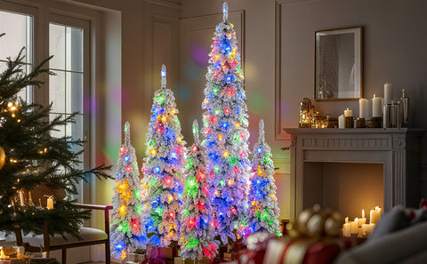 5-Set Pre-Lit Pencil Christmas Trees: 8ft, 6ft, 4ft Slim Artificial Trees w/ Snow Flocking, 350 LED Lights, 11 Modes, Realistic PVC, Indoor Holiday Decor