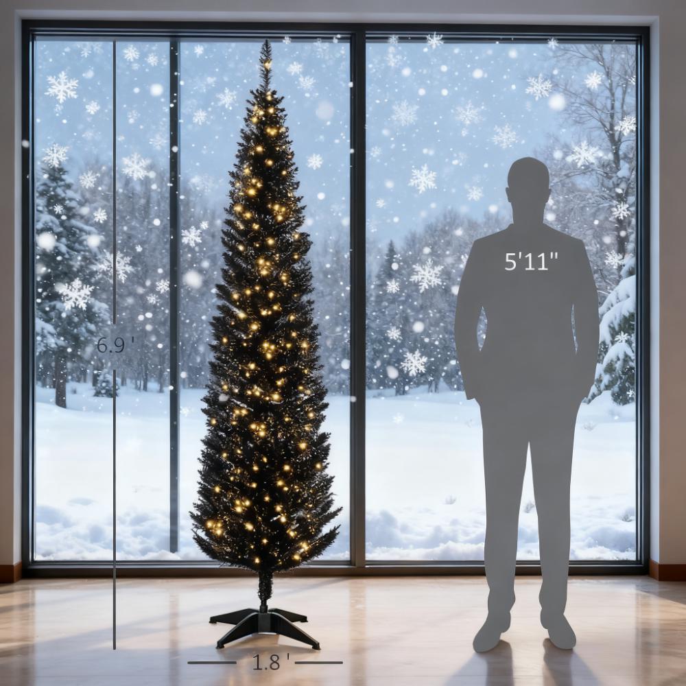 7ft Black Pencil Christmas Tree - Pre-lit Warm White LED, Realistic Flame-Retardant Artificial Xmas Tree for Indoor Decor, Slim Space-Saving Design