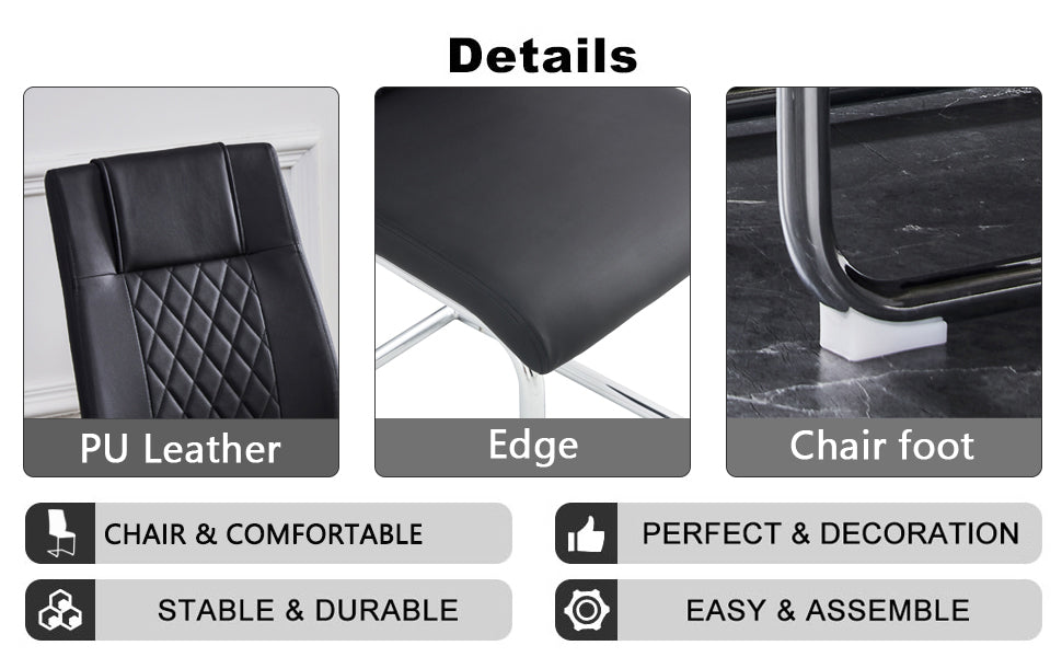 Modern Minimalist Dining Table & Chair Set | Imitation Marble Glass Top | Stainless Steel Legs | Comfortable PU Seats | Ideal for Dining Room, Kitchen, Parties | Easy Assembly | Silver | DT-69