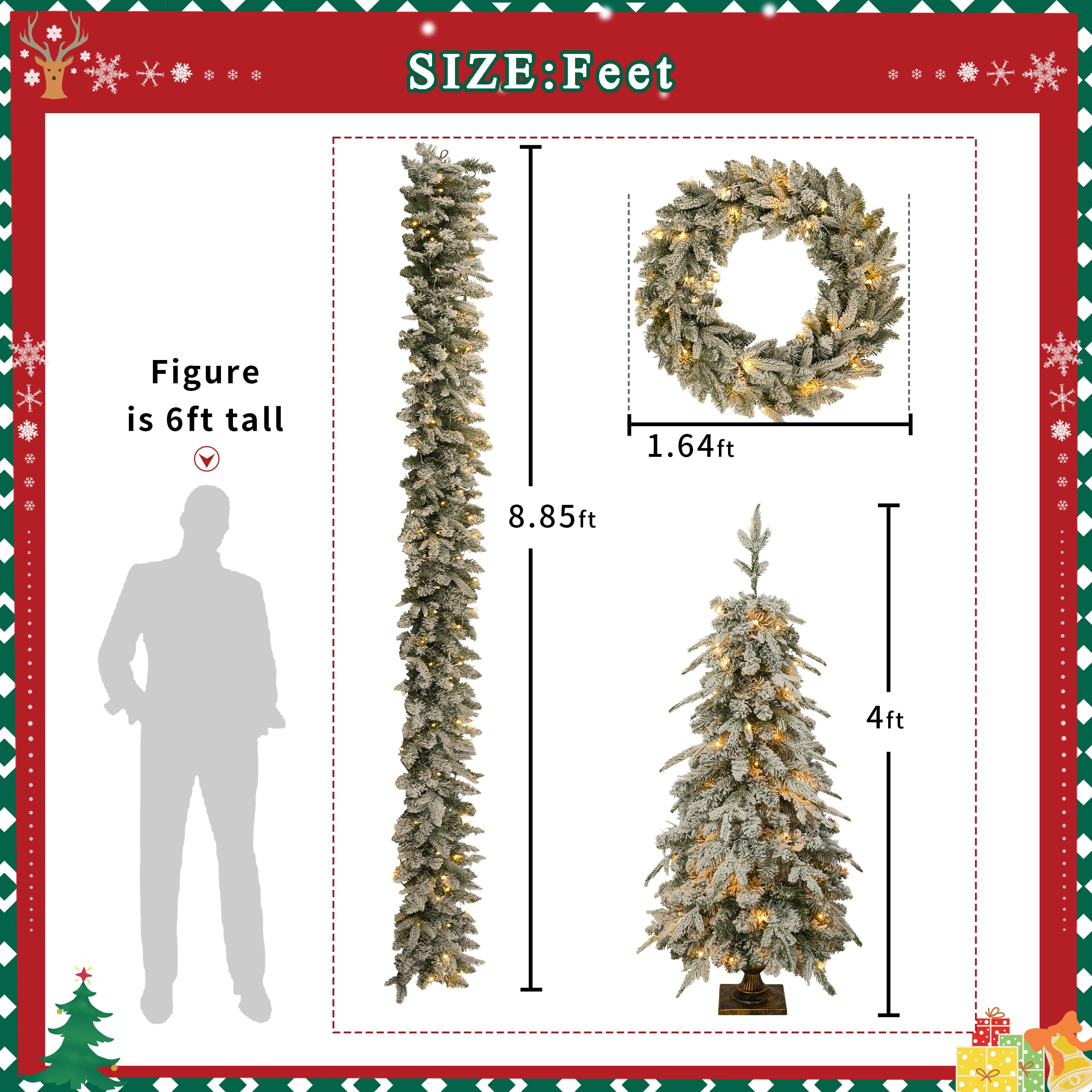 Pre-lit 4-Piece Christmas Tree Set: 4ft Artificial Tree, Wreath, Garland & 2 Entrance Trees with 330 Warm White LED Lights, Lush Green PVC Foliage for Festive Home & Office Decor