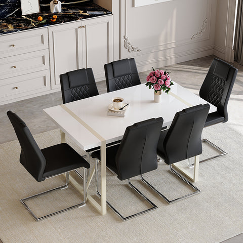 55" Cream-Style White MDF Dining Table Set with 6 Black PU Chairs & Silver Metal Legs - Modern Kitchen Furniture for Family Meals, Seats 6, Durable & Easy Assembly