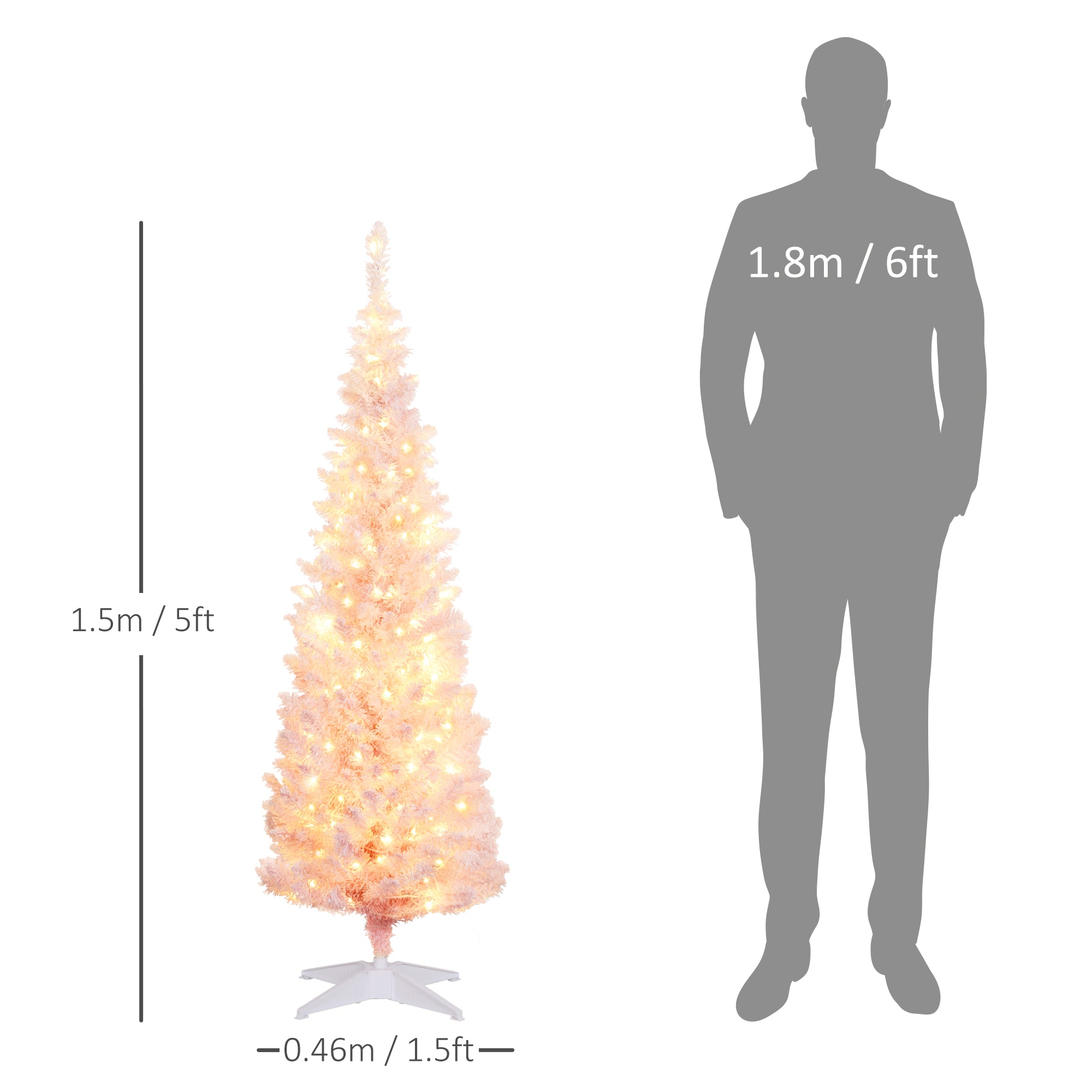 HOMCOM 5' Pink Pre-Lit Slim Noble Fir Artificial Christmas Tree - Snow-Flocked, 160 Warm White LEDs, 294 Tips, Flame-Retardant Plastic - Perfect for Indoor Holiday Decor