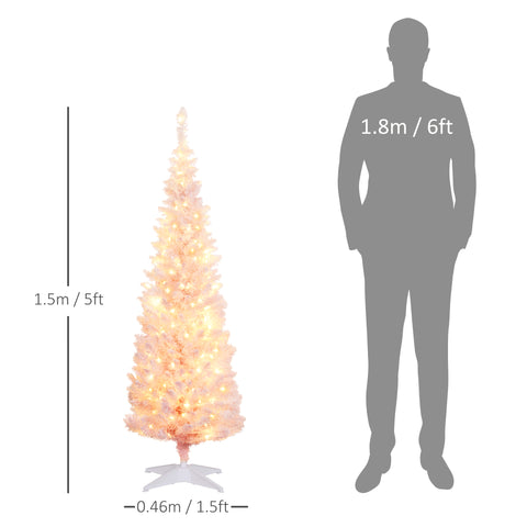 HOMCOM 5' Pink Pre-Lit Slim Noble Fir Artificial Christmas Tree - Snow-Flocked, 160 Warm White LEDs, 294 Tips, Flame-Retardant Plastic - Perfect for Indoor Holiday Decor