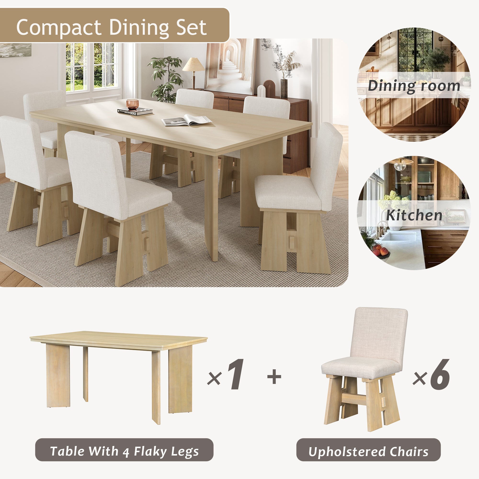 TOPMAX 7-Piece Solid Rubberwood Dining Set: 63.4" Natural Table &amp; 6 Upholstered Beige Chairs for Dining Rooms, Space-Saving Tuck-Away Design, Seats 6, Modern Farmhouse Style