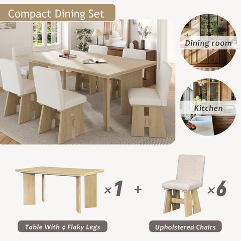 TOPMAX 7-Piece Solid Rubberwood Dining Set: 63.4" Natural Table &amp; 6 Upholstered Beige Chairs for Dining Rooms, Space-Saving Tuck-Away Design, Seats 6, Modern Farmhouse Style
