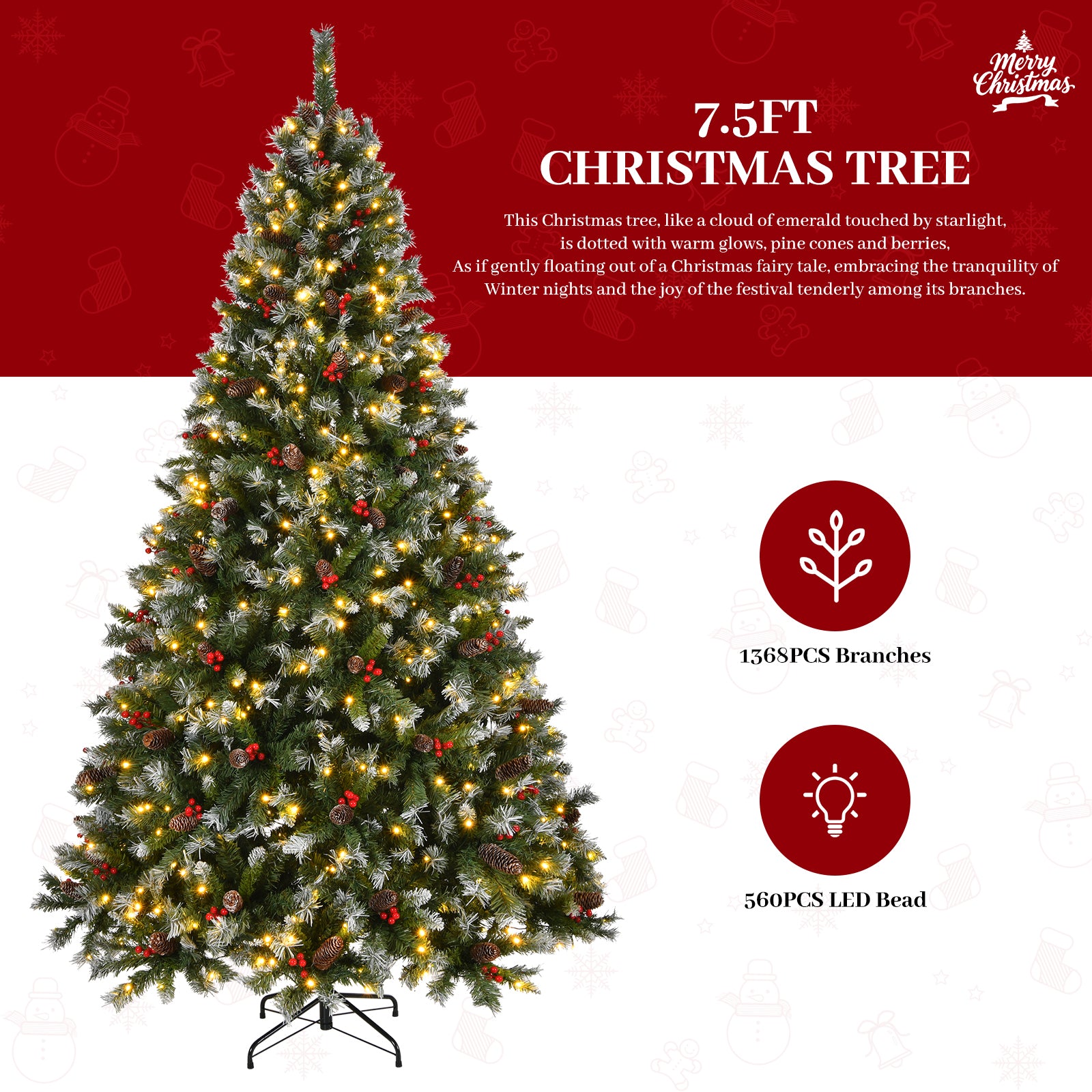 7.5ft Pre-Lit Pre-Decorated Frosted Pine Christmas Tree | 1368 Tips, Pine Cones, Berries | Lush PVC | Easy Setup | Indoor Home Office Holiday Party Decor
